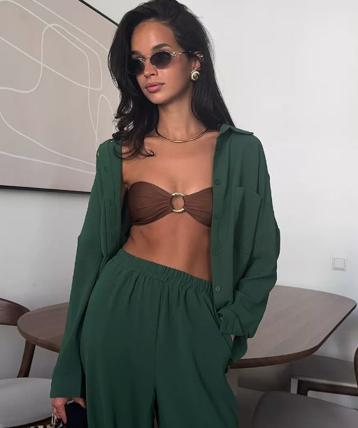 Two Piece Pants Set with Button-Down Shirt & Wide-Leg Pants