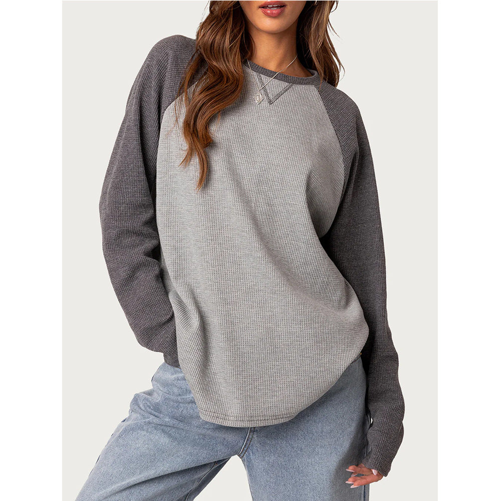 Colorblock Raglan Sleeve Waffle Knit Top