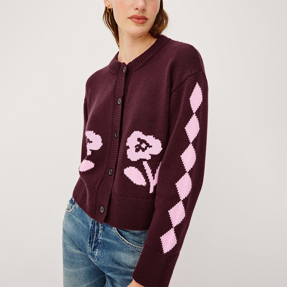 Women's Vintage Floral Cropped Knit Cardigan Button Up