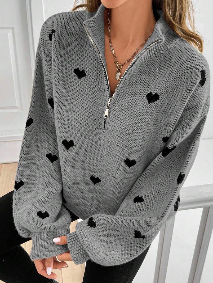 Half Zip Sweater with Heart Print, Oversized Knit Pullover
