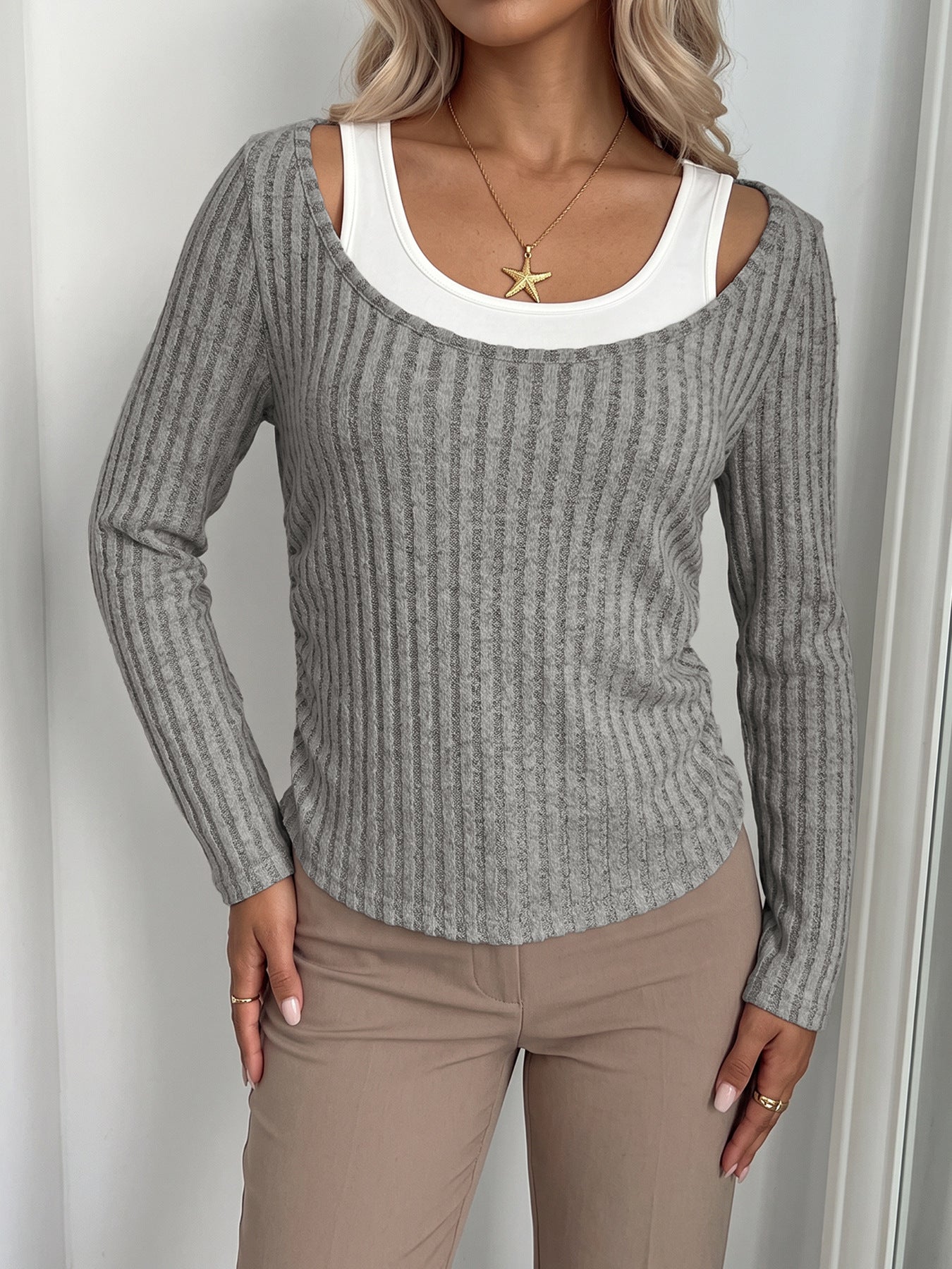 Colorblock Ribbed Top Casual Faux Layered Slim Fit