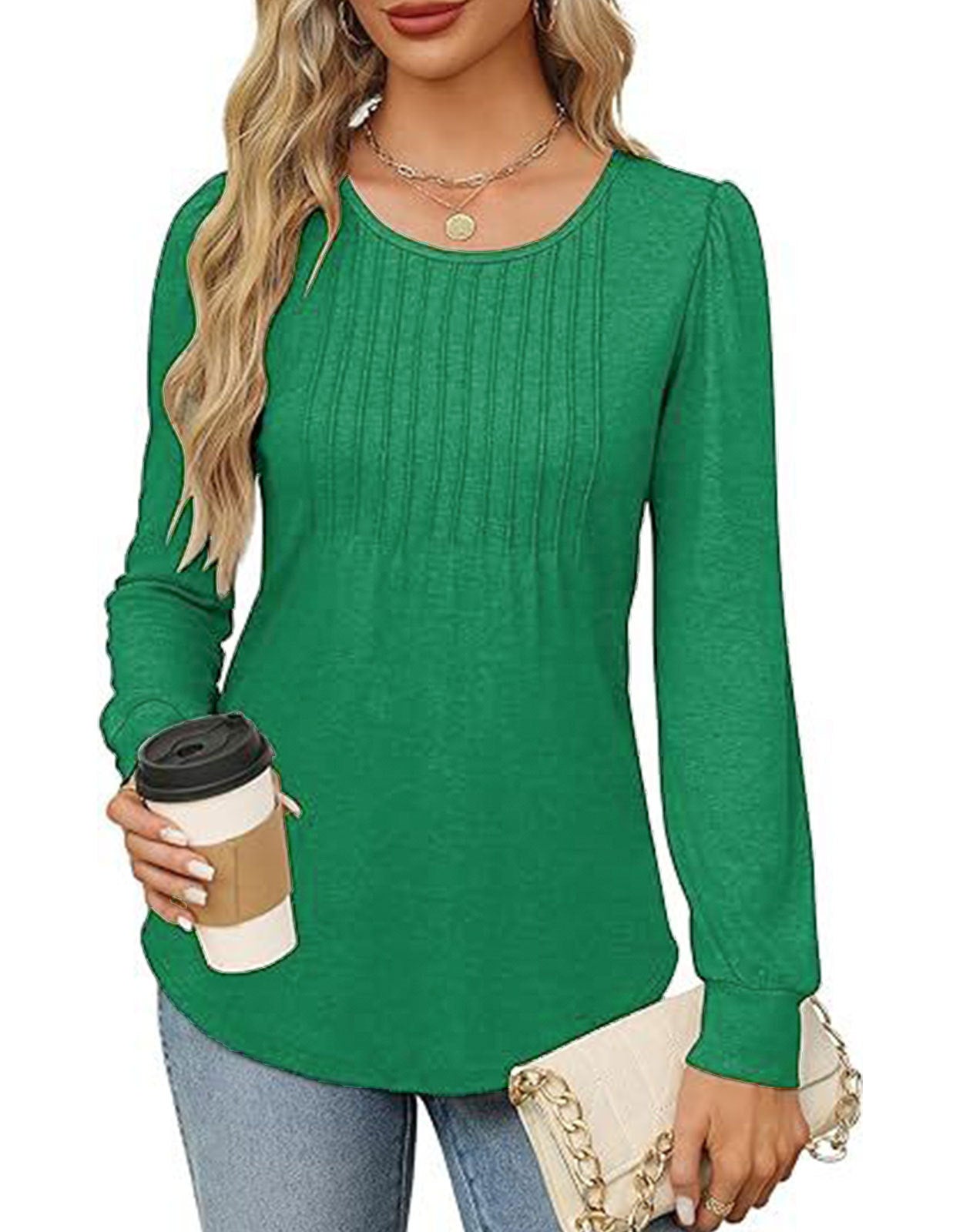 Solid Cotton Top Casual Pleated Puff Sleeve