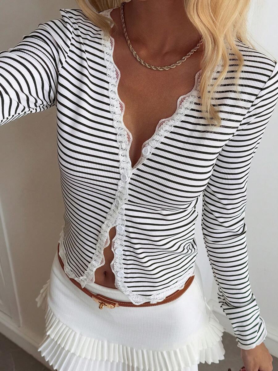 Striped Cotton Cardigan Sweet Lace Fitted Button Front