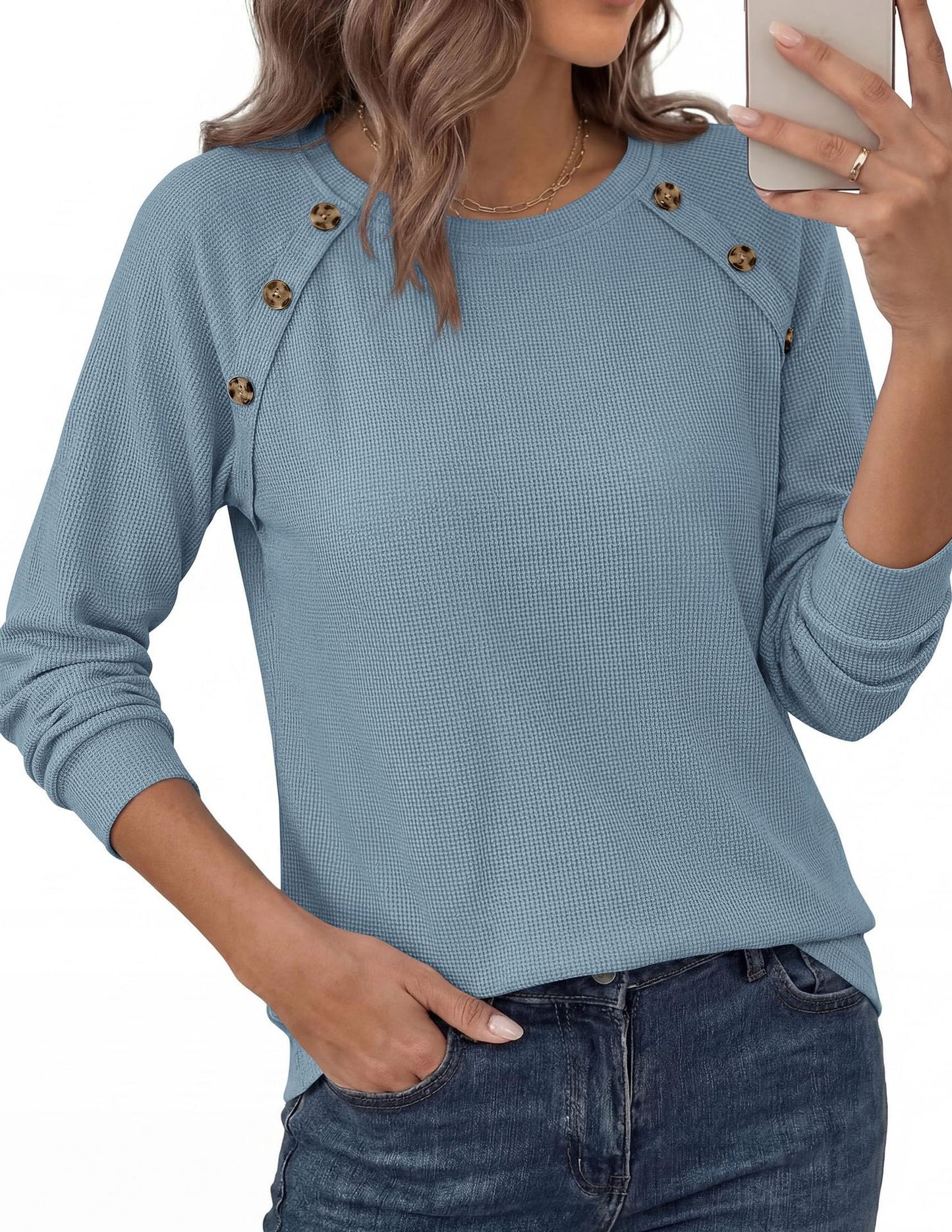 Waffle Knit Button Detail Top Long Sleeve Casual Pullover