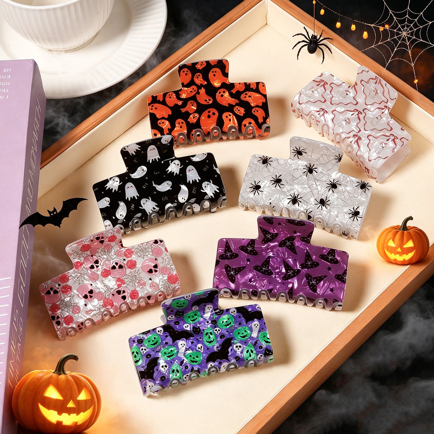 Halloween Hair Claw Clip, Ghost Spider Skull Print