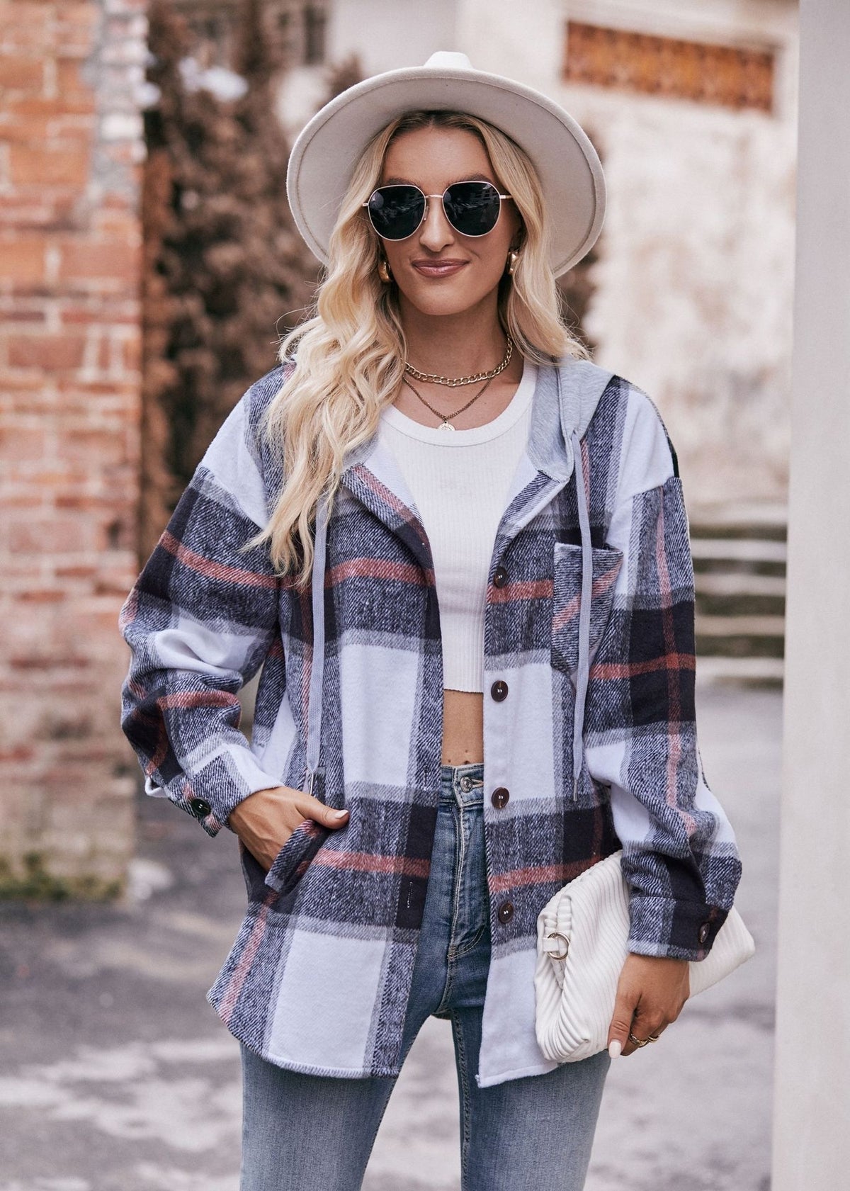 Women's Hooded Plaid Shacket Oversized Shirt Jacket