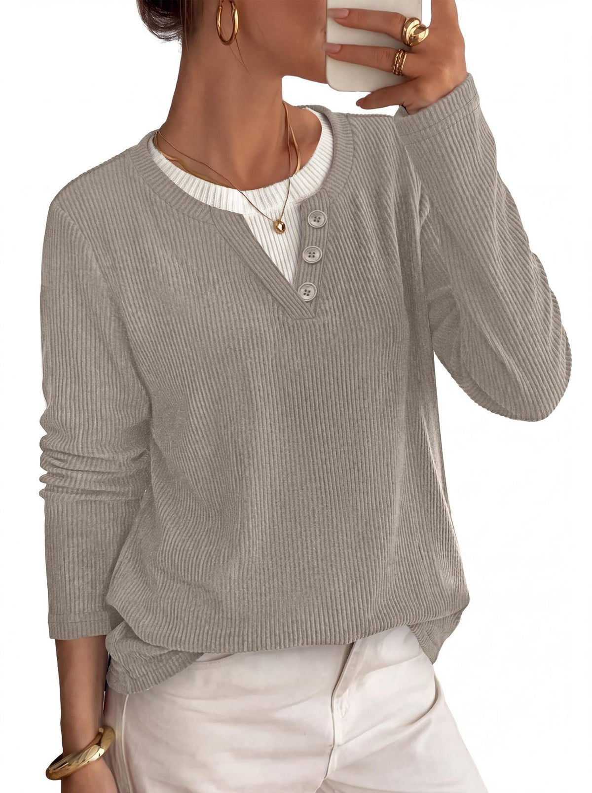 Women's Oversized Ribbed Henley Layered Long Sleeve Top