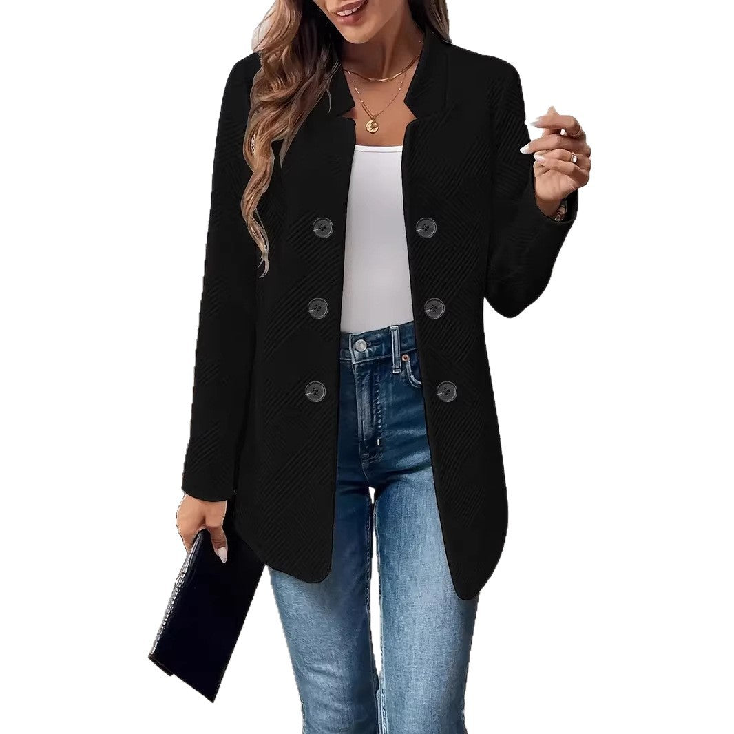 Womens Textured Double Breasted Blazer Stand Collar