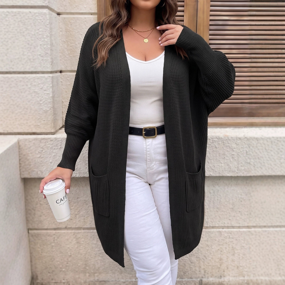 Oversized Batwing Open Front Knit Cardigan with Pockets