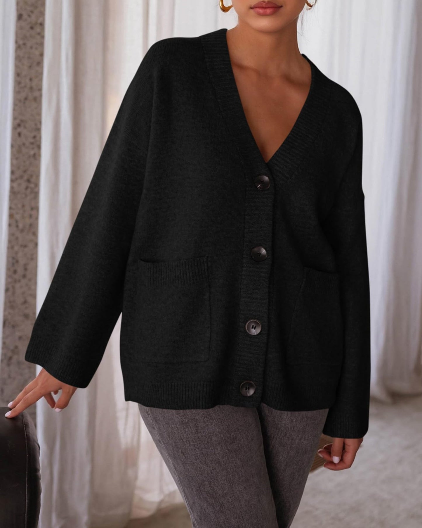 Oversized Button Front Pocket Knit Cardigan