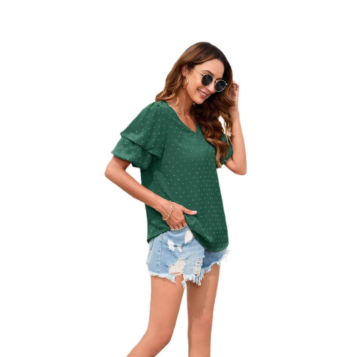 Women’s V Neck Puff Sleeve Textured Casual Blouse Top