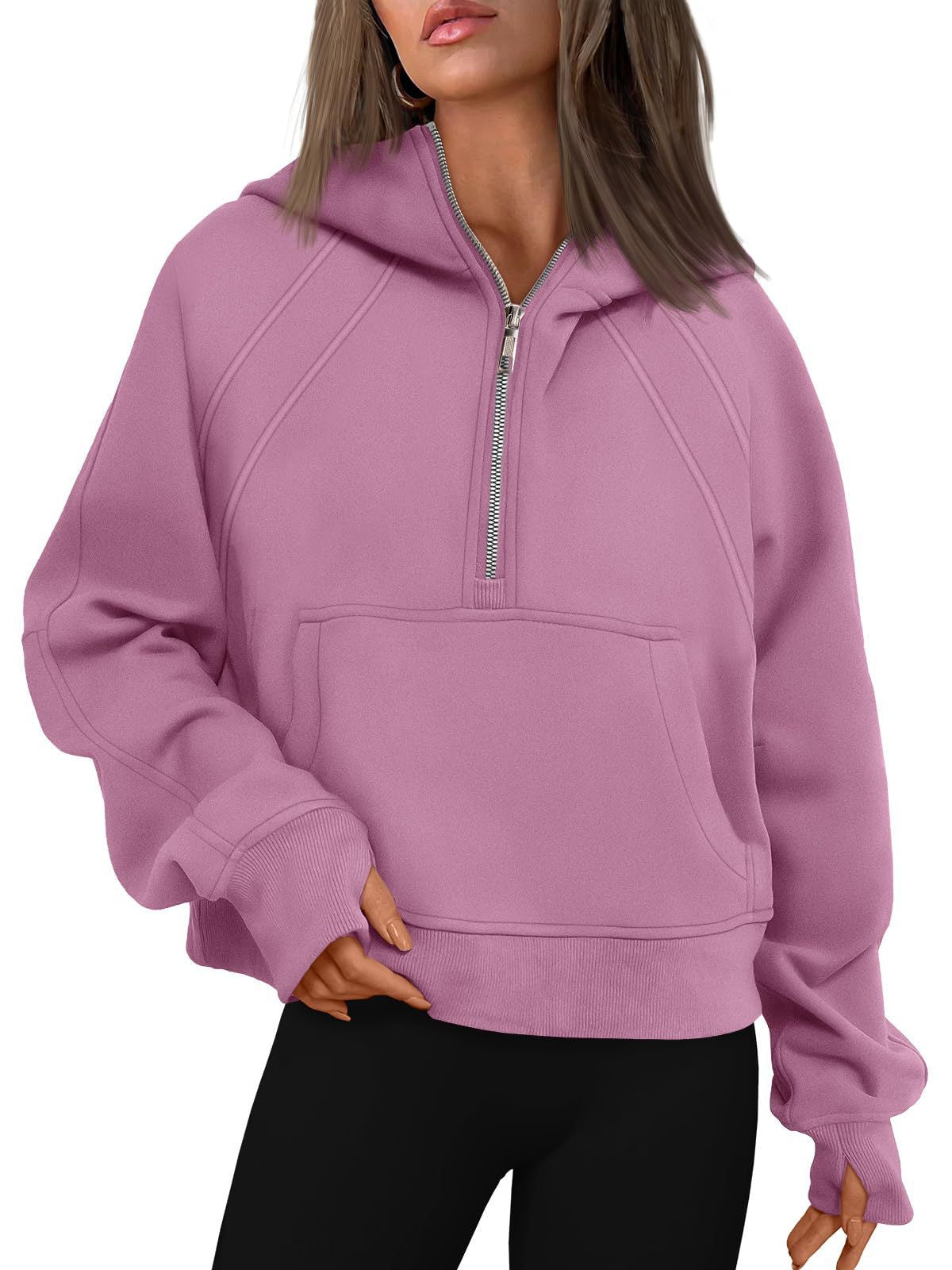 Half Zip Fleece Hoodie Pullover Casual Cropped Sweatshirt