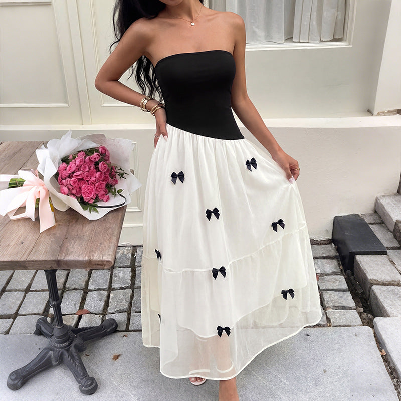 Women Strapless Bow Detail Tiered Maxi Dress