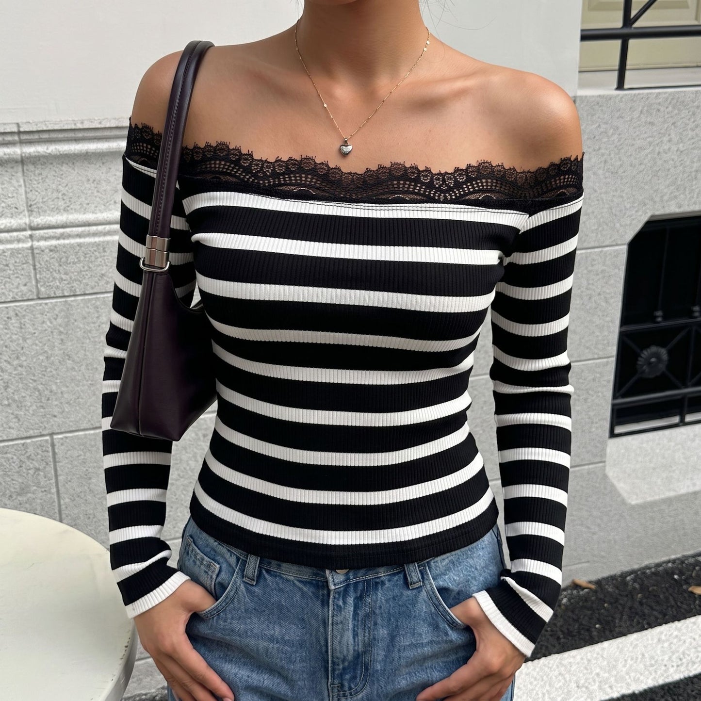 Lace Trim Striped Off Shoulder Knit Top Slim Fit Long Sleeve