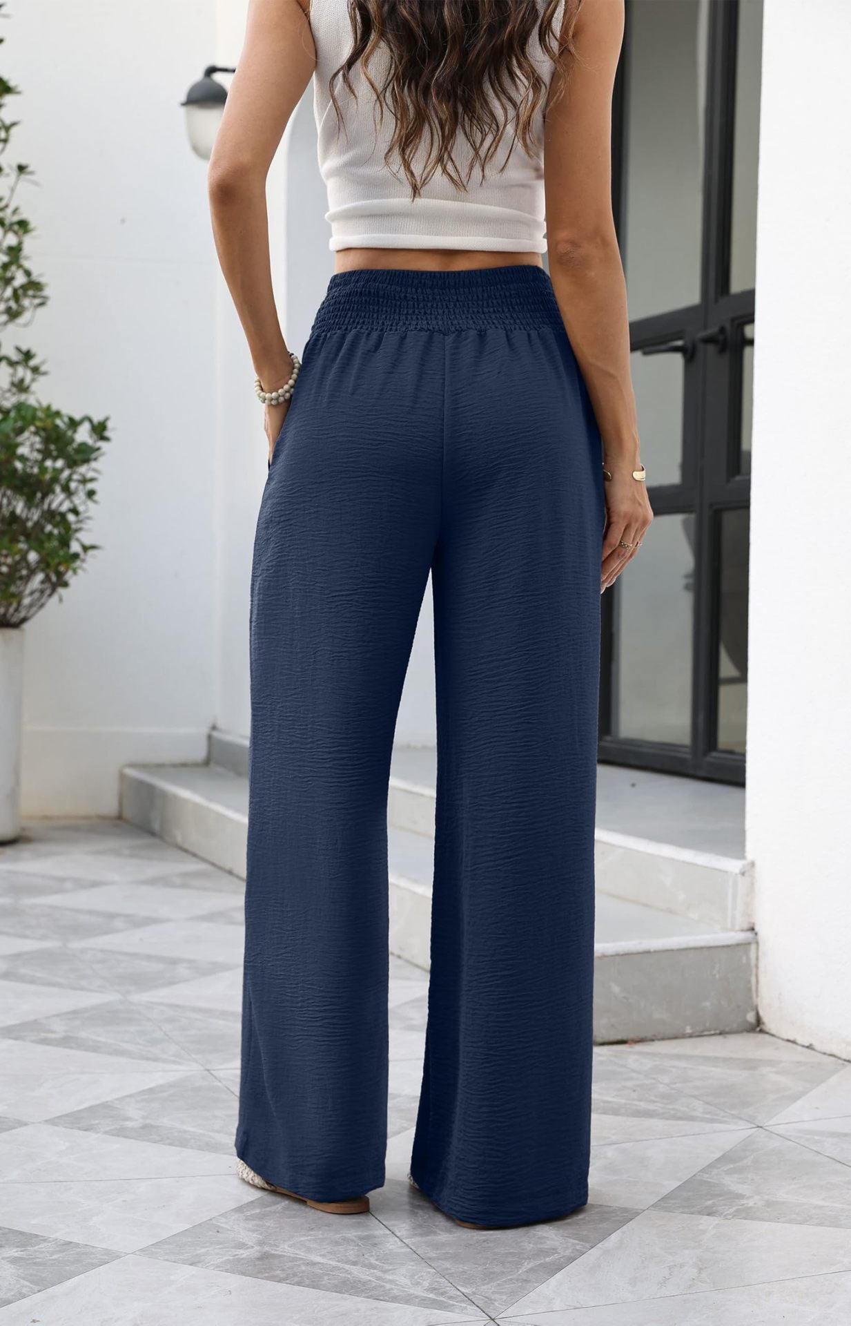 Women's High Waist Smocked Wide Leg Pants with Pockets