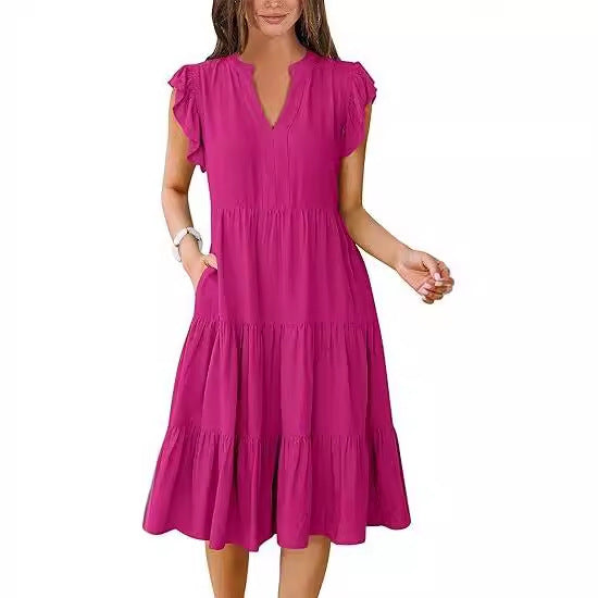 V Neck Flutter Sleeve Tiered Midi Dress with Pockets