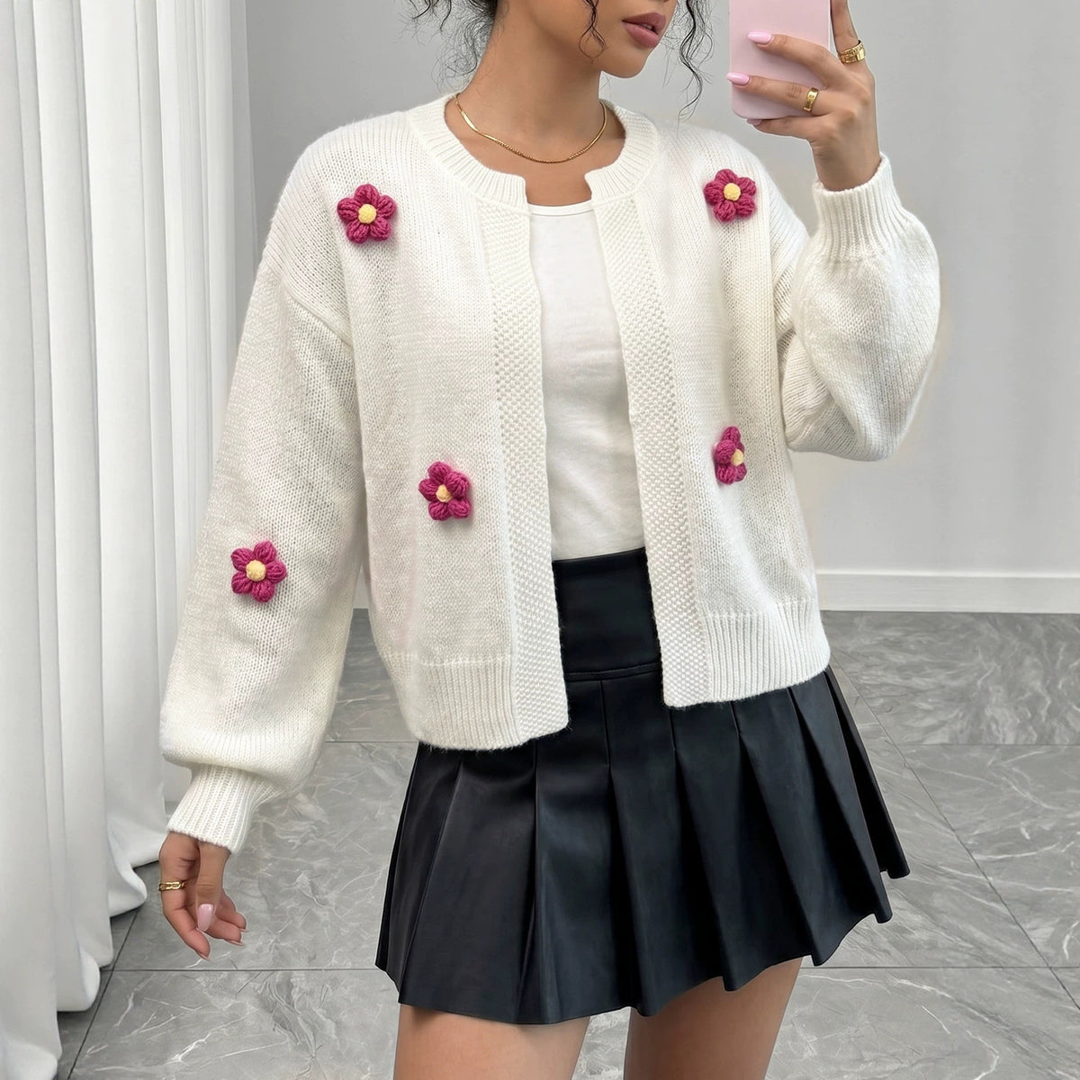 Women's Crochet Flower Cardigan Lantern Sleeve Knit Sweater