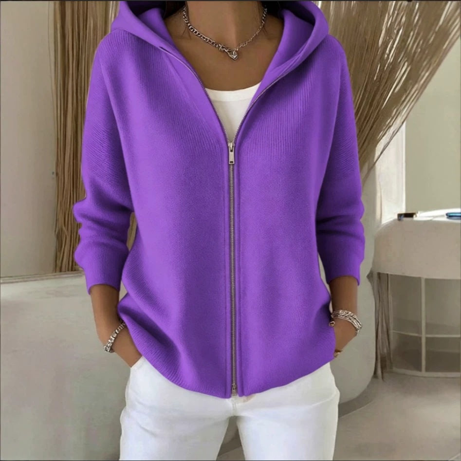 Hooded Zip Up Drop Shoulder Knit Cardigan