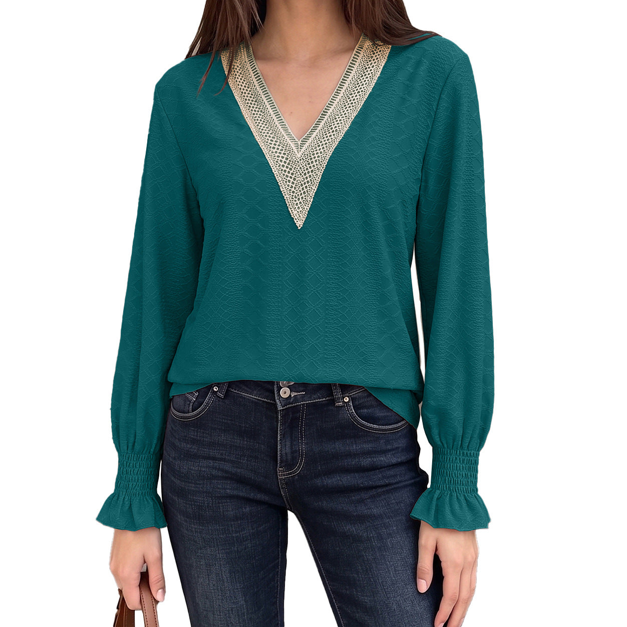 V-Neck Lace Trim Smocked Cuff Long Sleeve Blouse