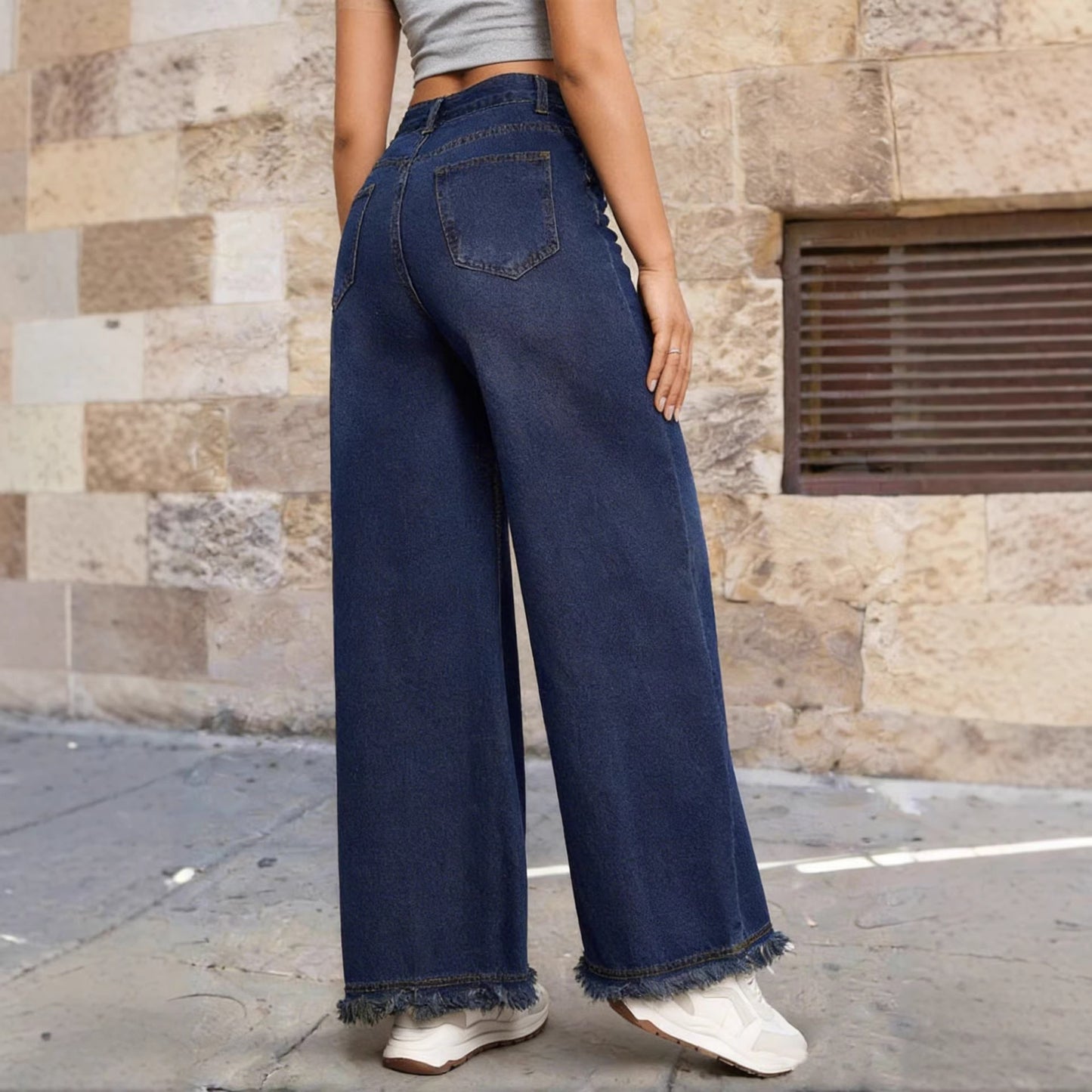 Washed Denim Jeans Vintage High Waist Wide Leg Fringe