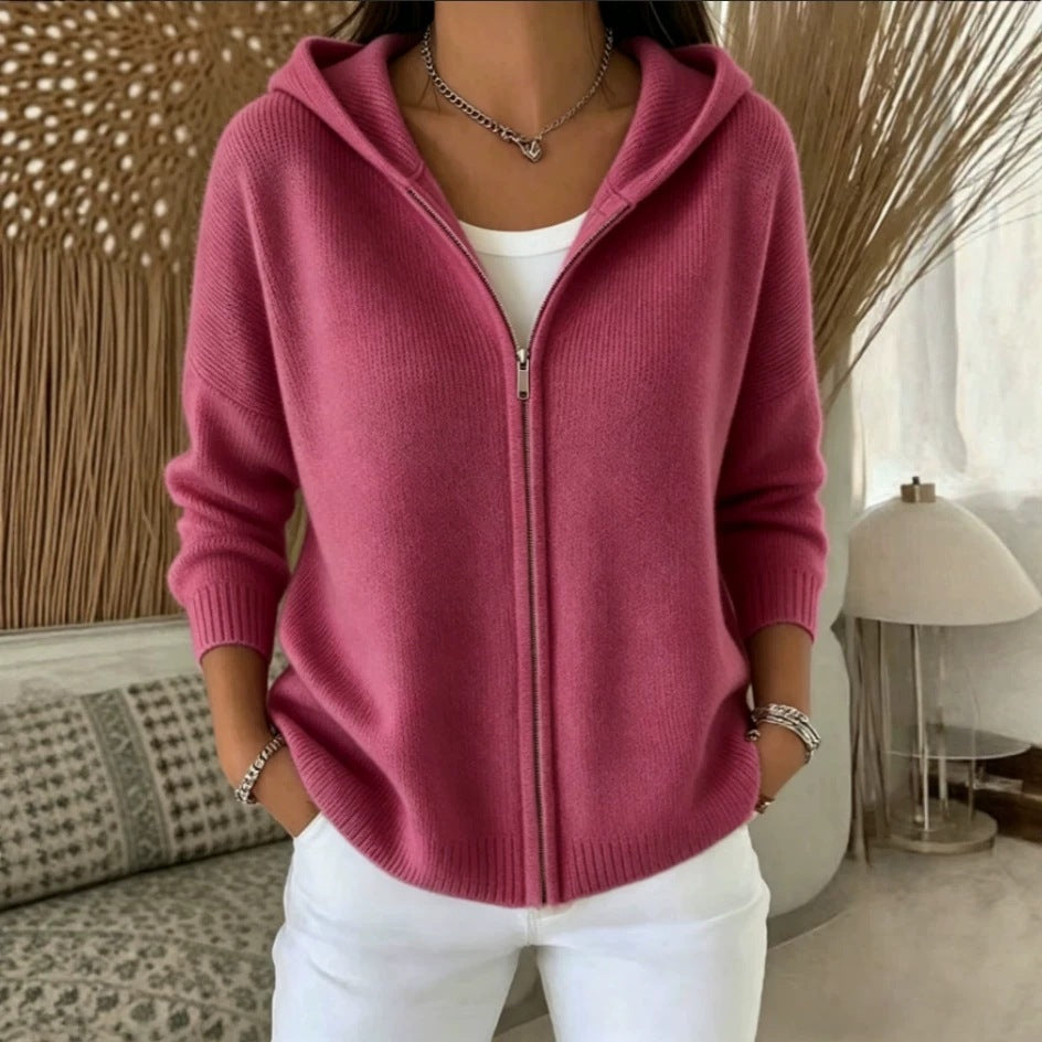 Hooded Zip Up Drop Shoulder Knit Cardigan