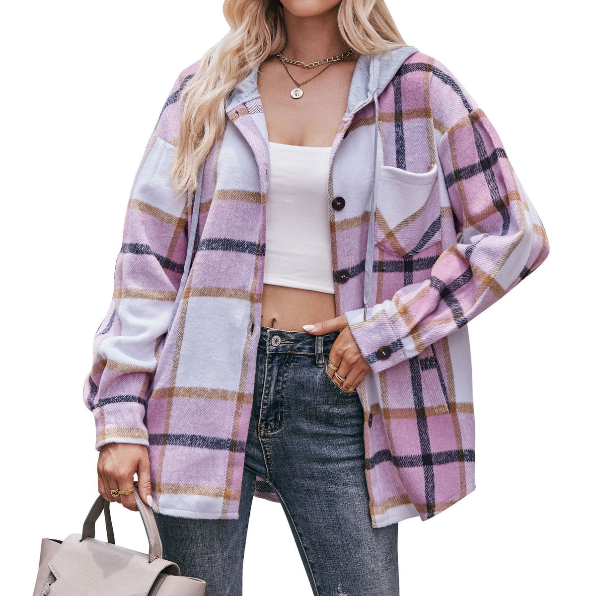Women's Hooded Plaid Shacket Oversized Shirt Jacket