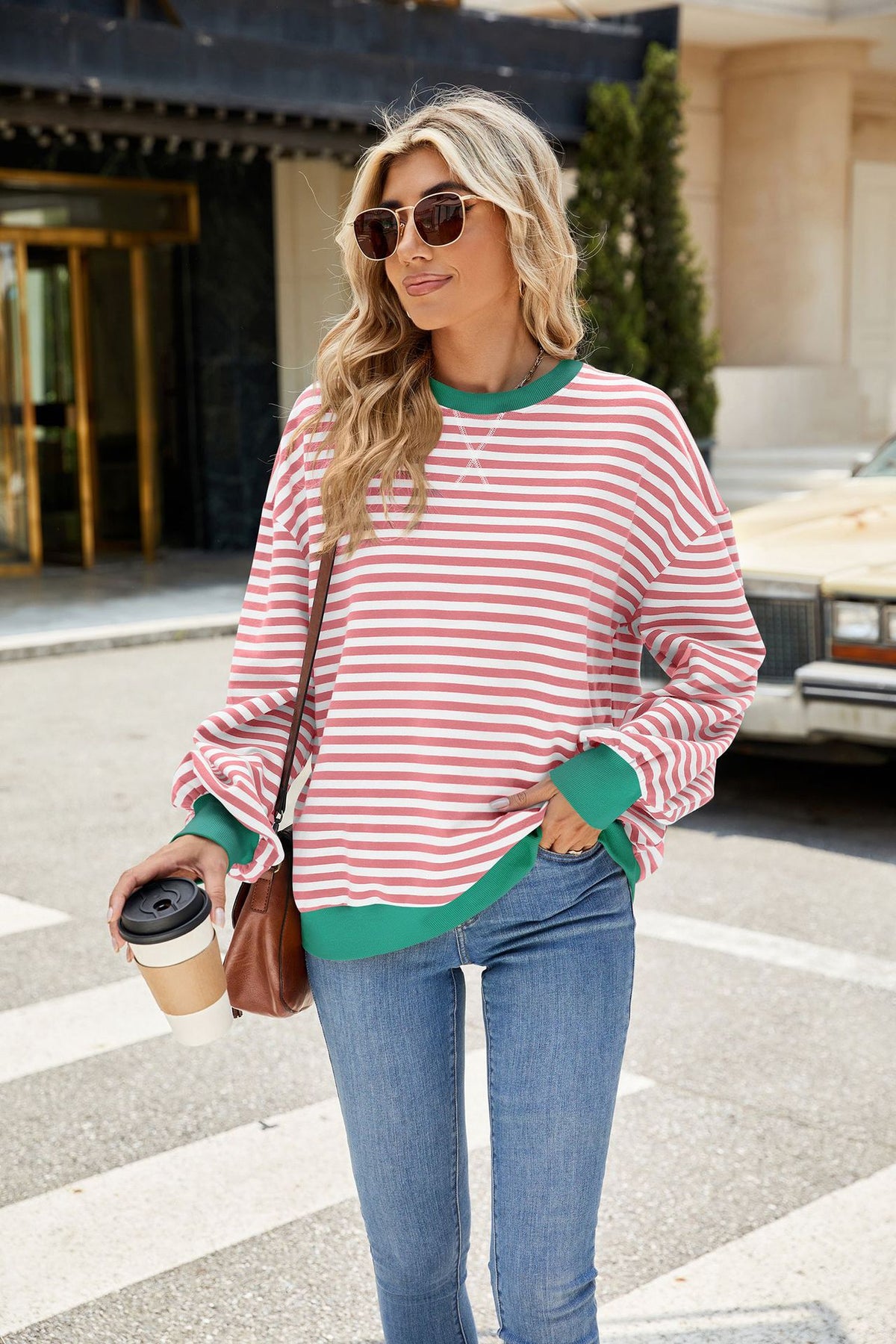Women's Striped Color Block Oversized Crewneck Sweatshirt