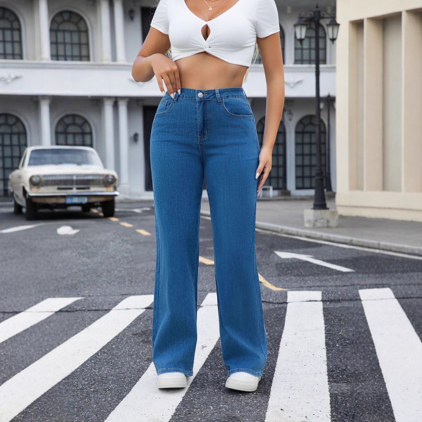 High Waist Stretch Wide Leg Straight Denim Jeans