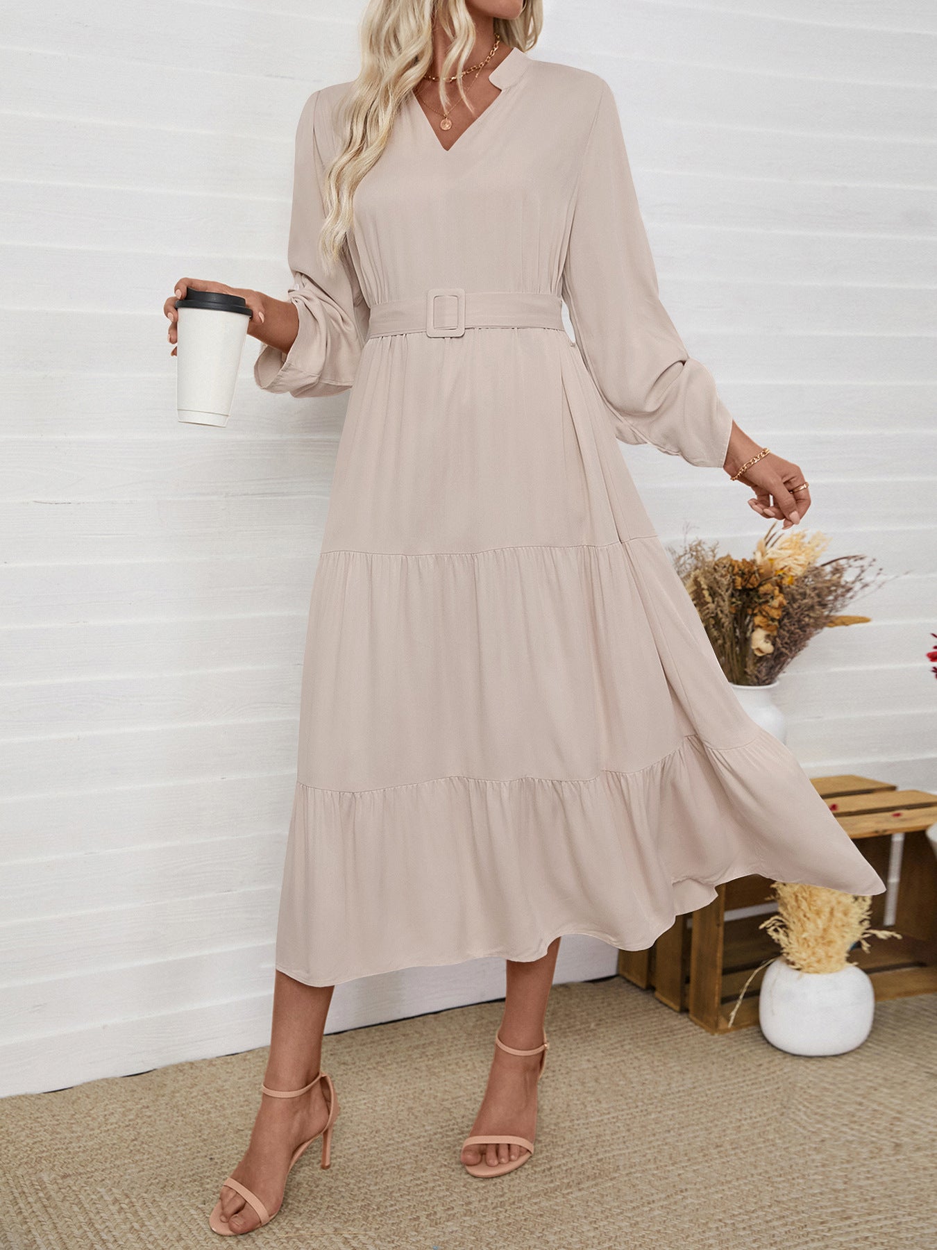Elegant Long Sleeve V-Neck Belted Midi Dress