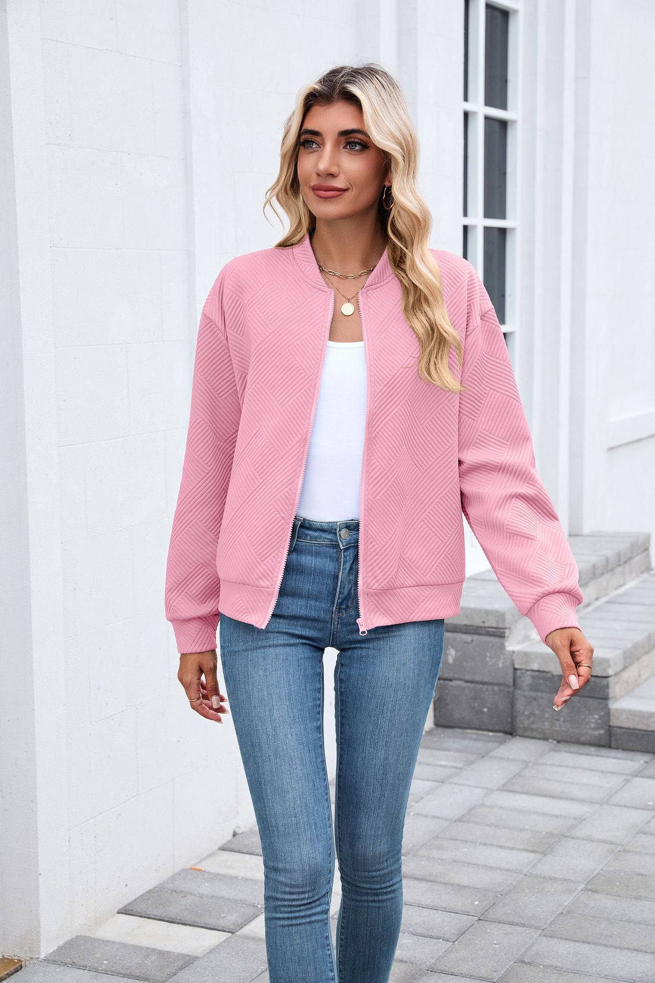 Quilted Zip-Up Bomber Jacket | Casual Long Sleeve Sweatshirt