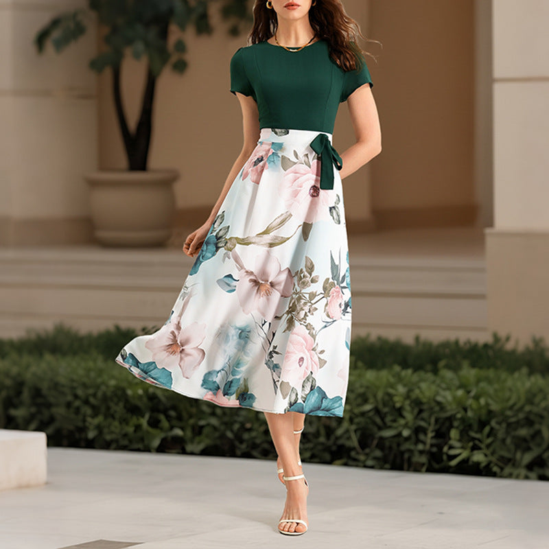 Floral Print Short Sleeve Patchwork Maxi Dress