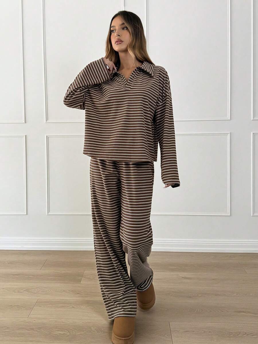 Striped Lounge Set Casual Collared Pullover Wide Leg Pants