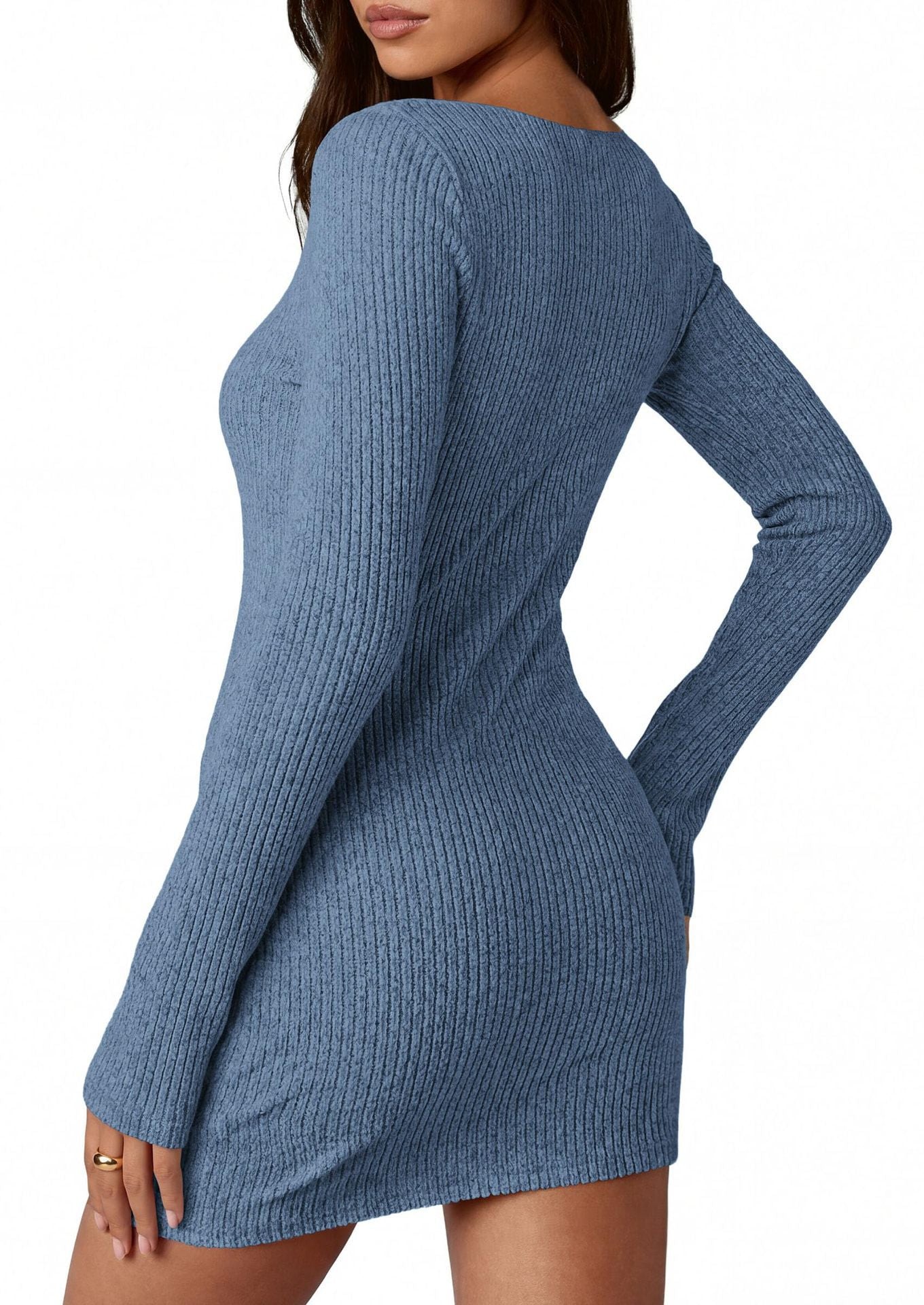 Ribbed Knit Mini Dress Long Sleeve Slim Fit Casual Style
