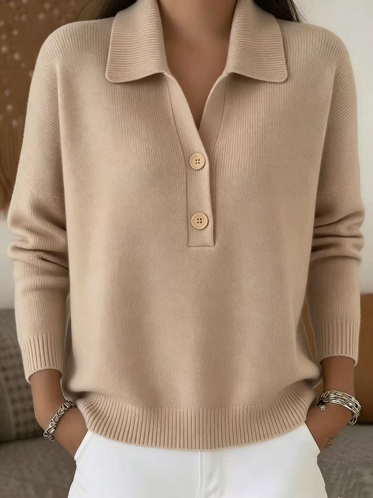 Solid Knit Polo Collar Sweater Button Front Relaxed Fit