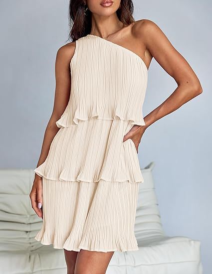 One Shoulder Tiered Pleated Ruffle Mini Dress for Summer