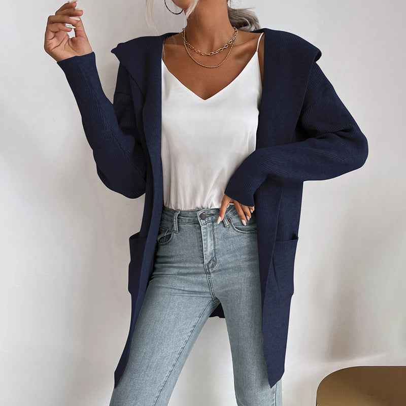 Hooded Knit Cardigan Long Sleeve Open Front Outerwear