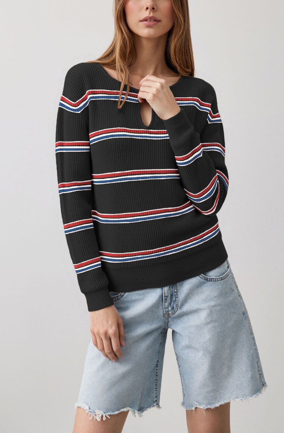 Women's Striped Keyhole Crew Neck Knit Sweater