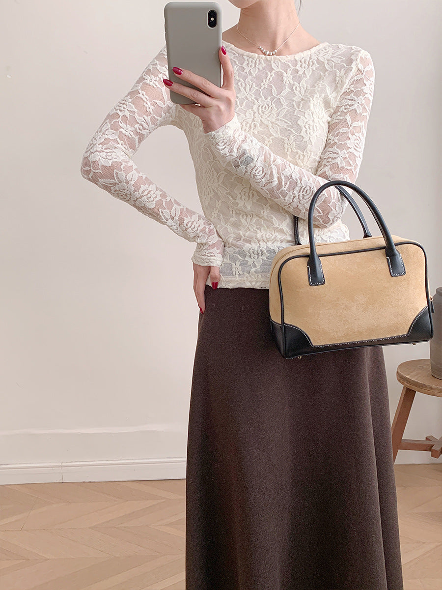 Women Long Sleeve Lace U Neck Slim Fit Top Blouse