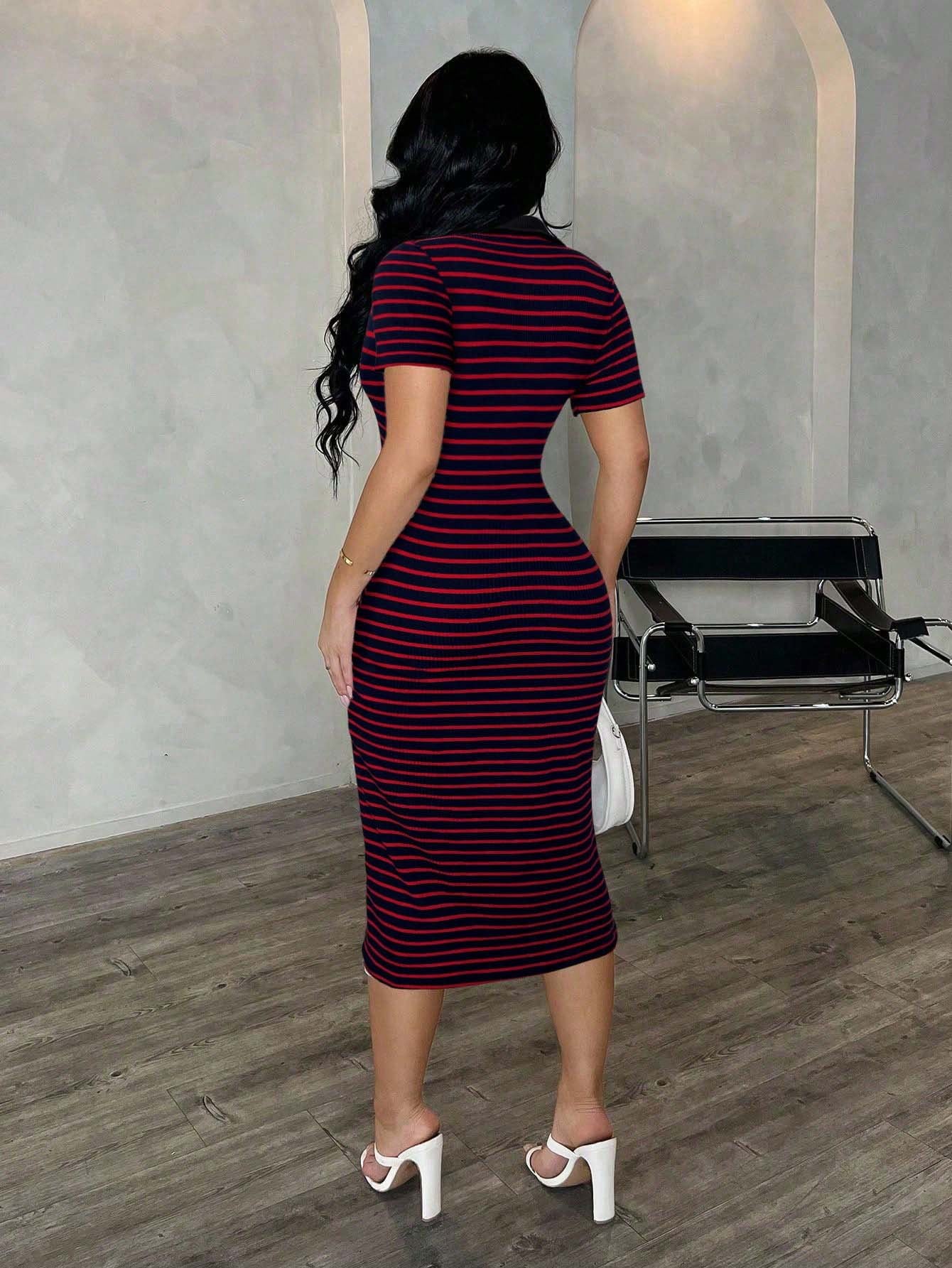 Striped Polo Collar Bodycon Midi Dress Short Sleeve Casual  Wear