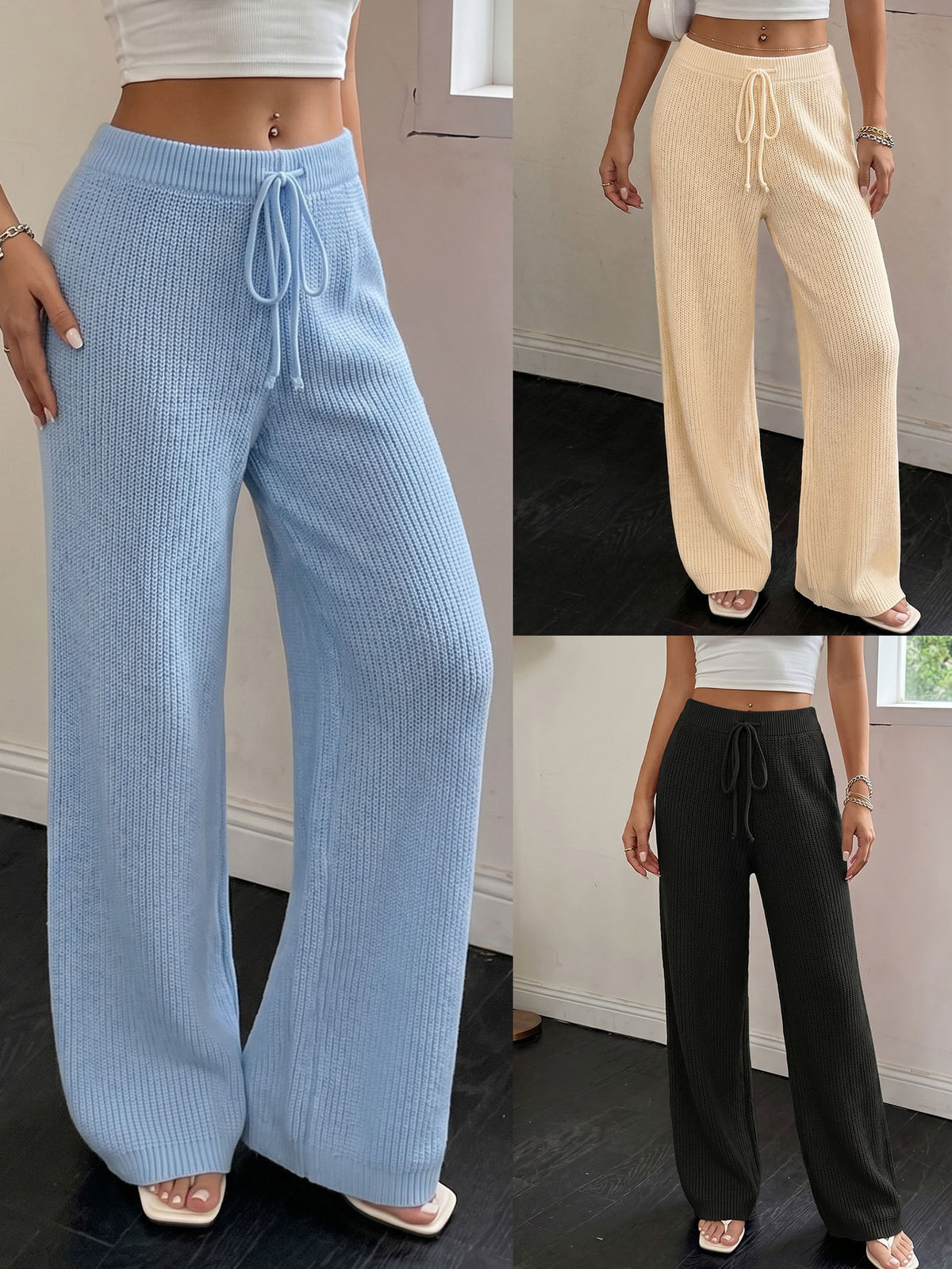 Women's Knit Wide Leg Pants Drawstring High Waist Casual