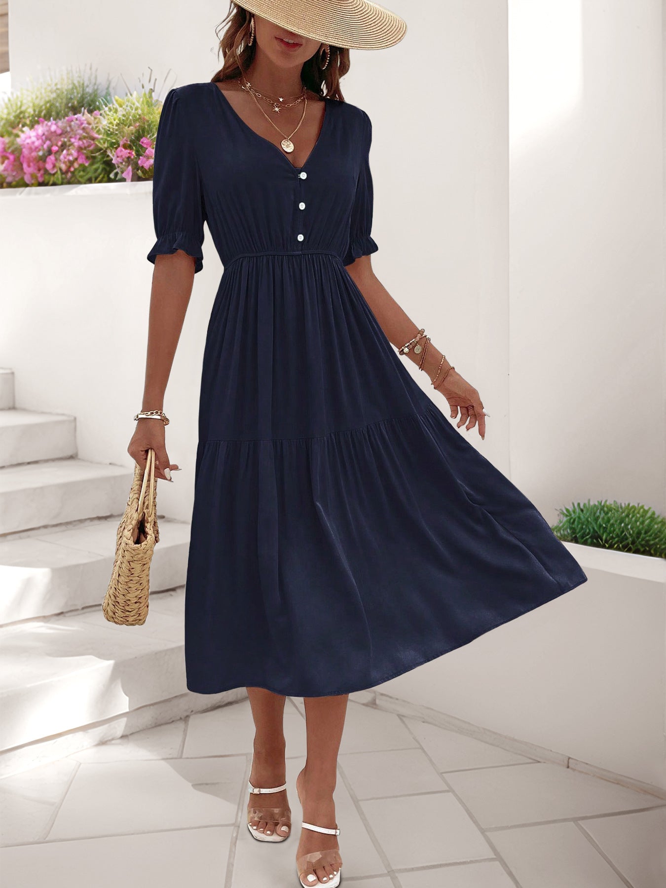 High Waist Solid Color Casual Midi Dress for Women