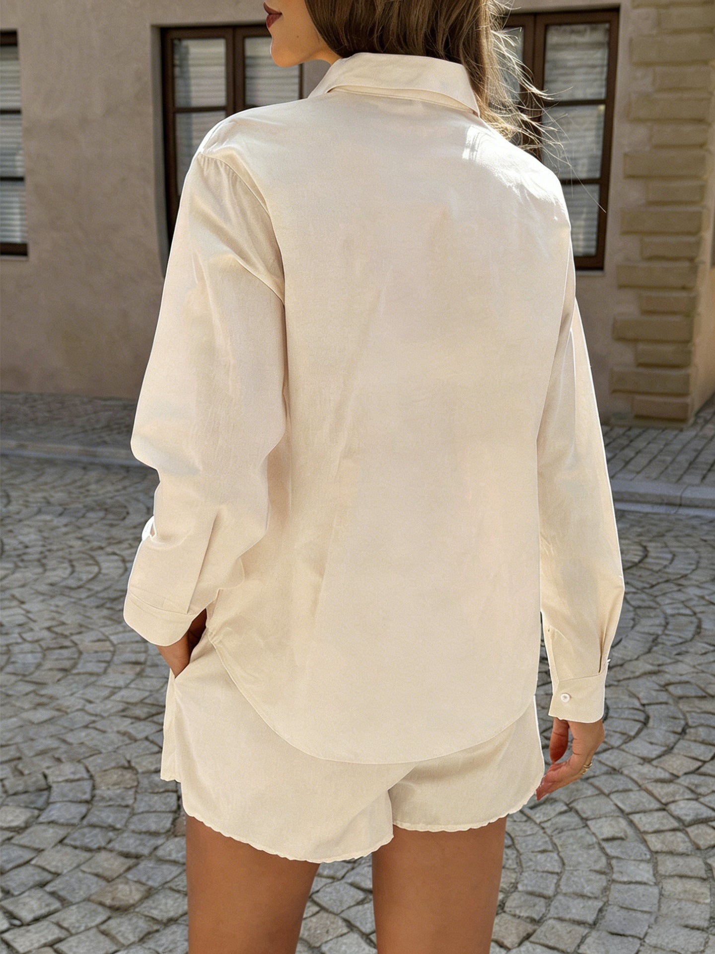 Solid Cotton Shorts Set Resort Shirt Lounge