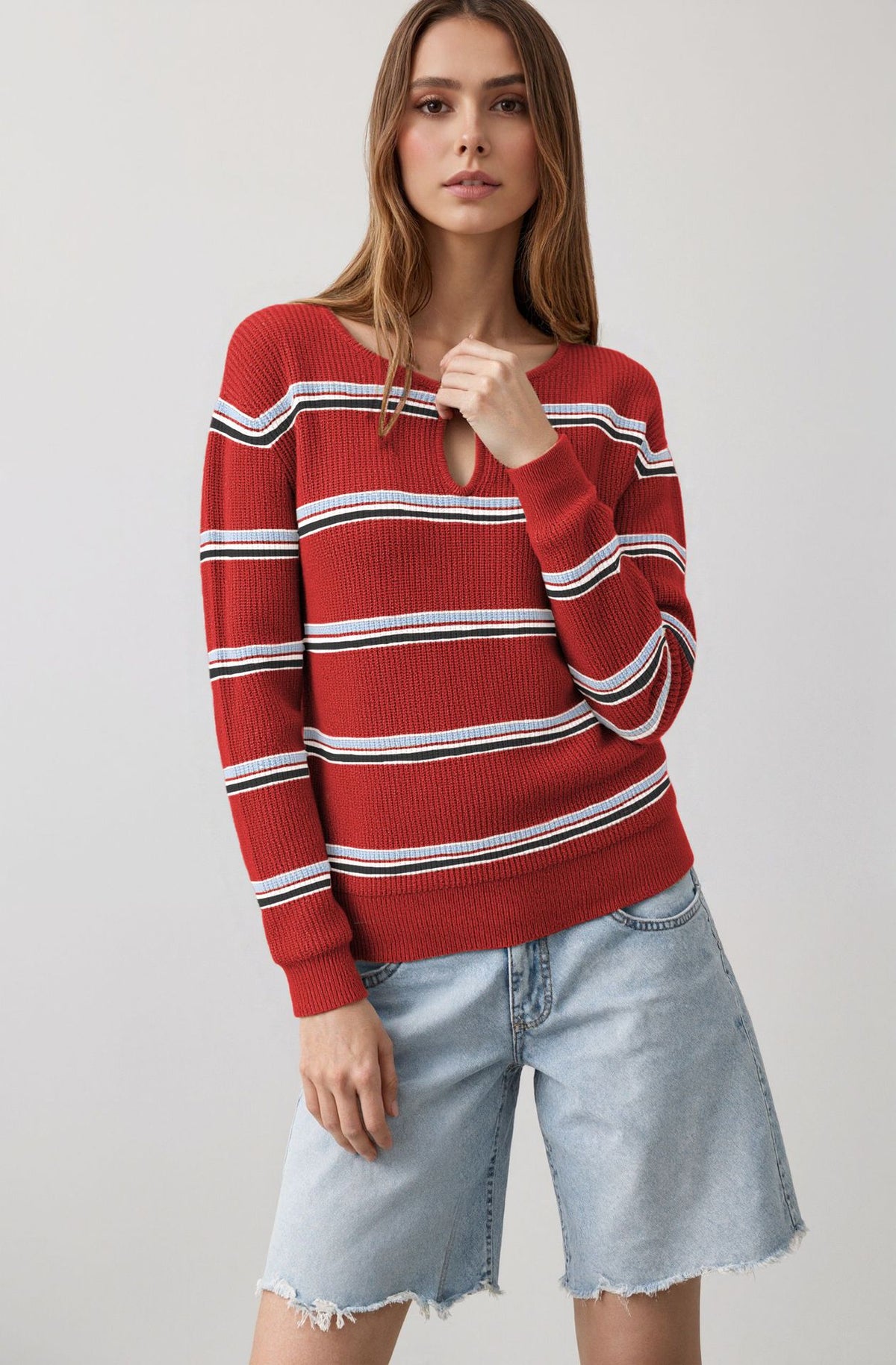 Women's Striped Long Sleeve Keyhole Knit Sweater