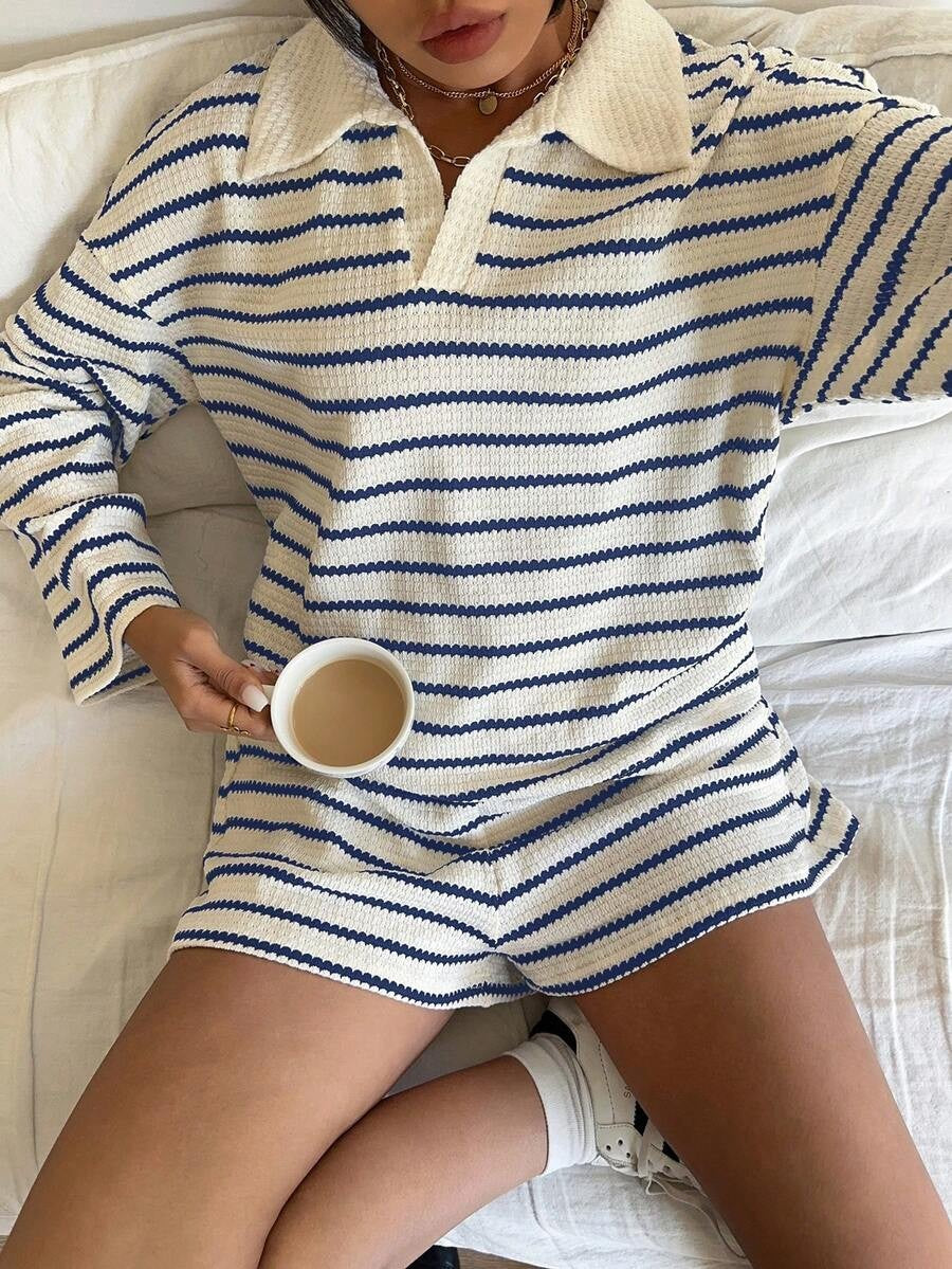 Striped Polo Lounge Set Resort Textured Collared Oversized