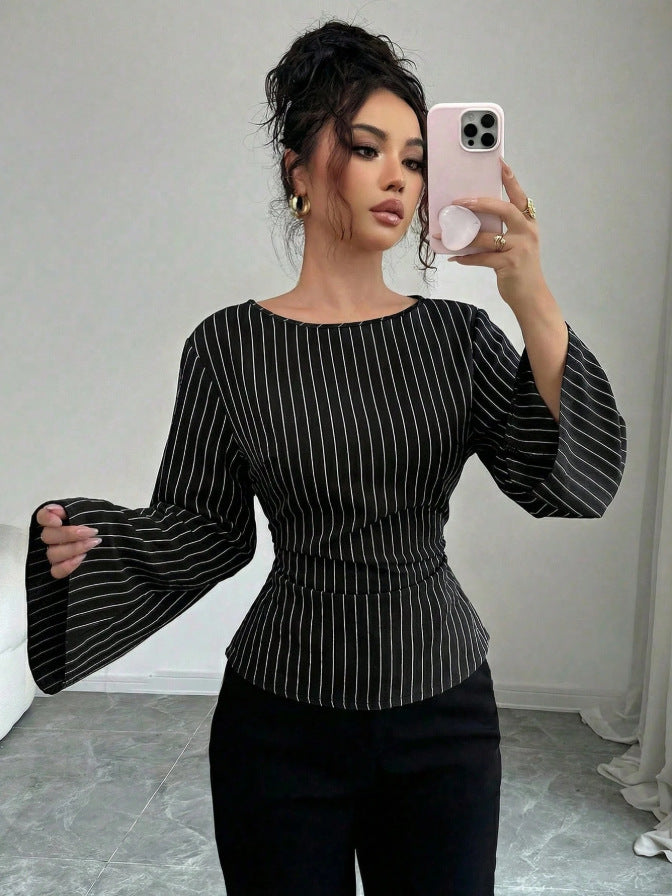 Women's Striped Bell Sleeve Tie Waist Blouse