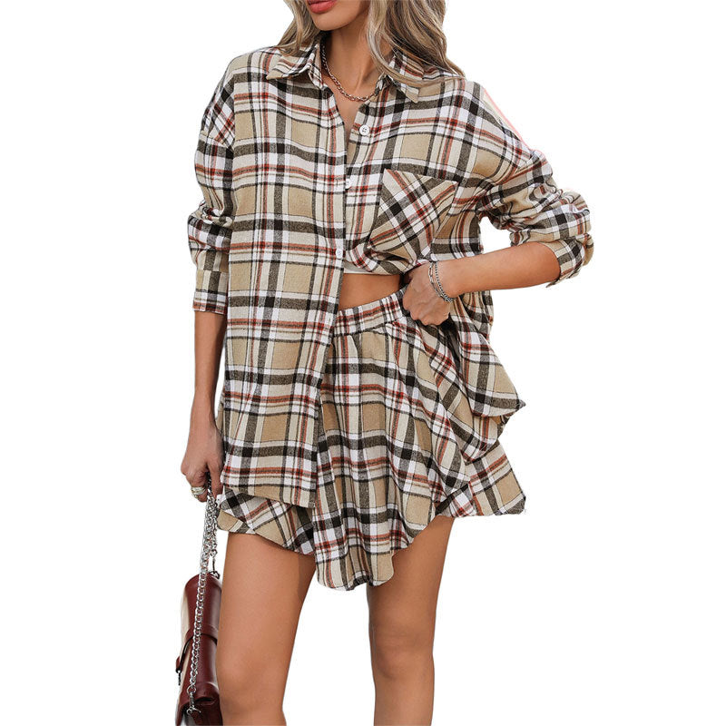 Plaid Two-Piece Set with Button-Down Shirt & Skirt
