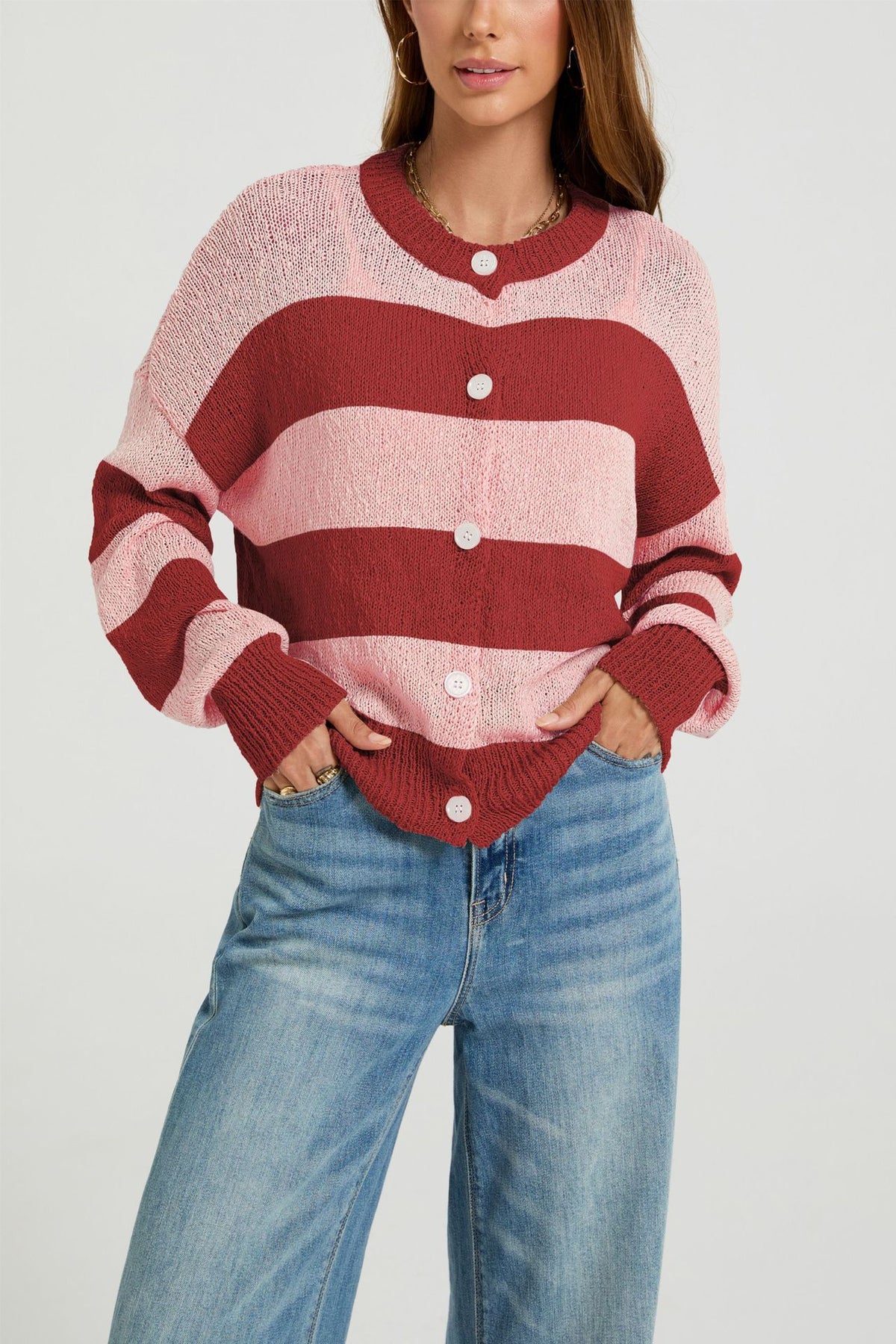 Women's Striped Chunky Knit Oversized Cardigan Sweater