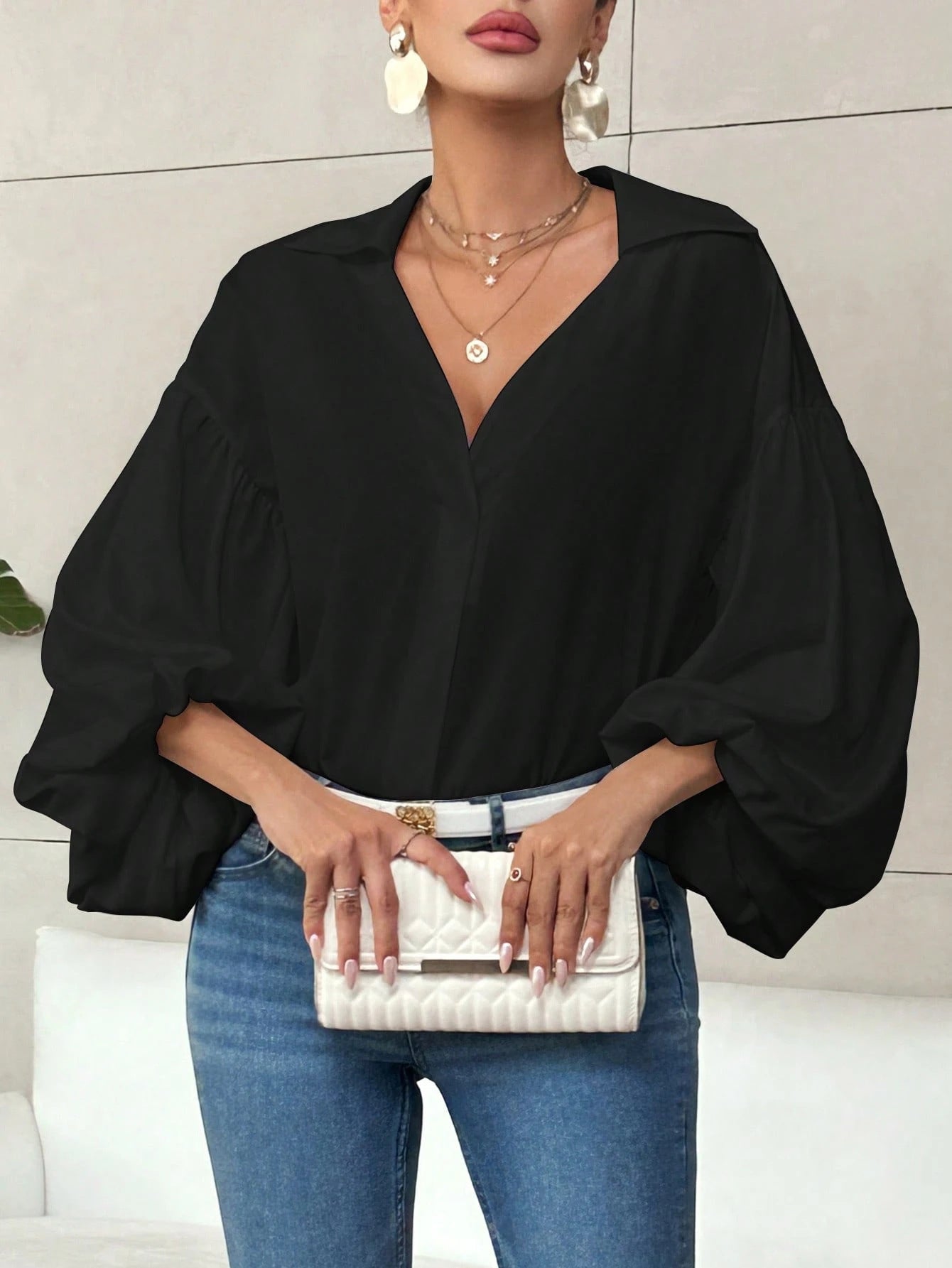 French Polka Dot Half-Open Collar Puff Sleeve Top