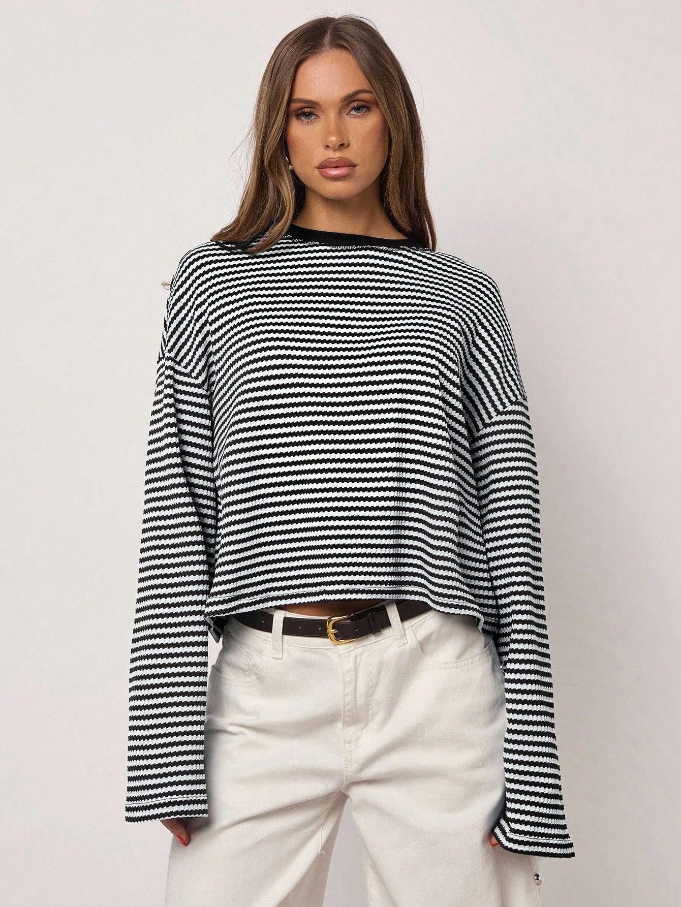 Striped Knit Sweater Long Sleeve Oversized Casual Top