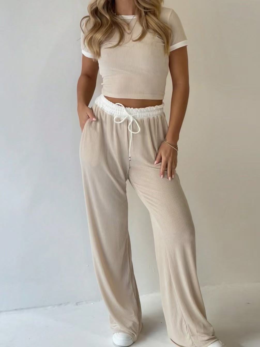 Women’s Wide Leg Pants Set Short Sleeve Casual Two Piece